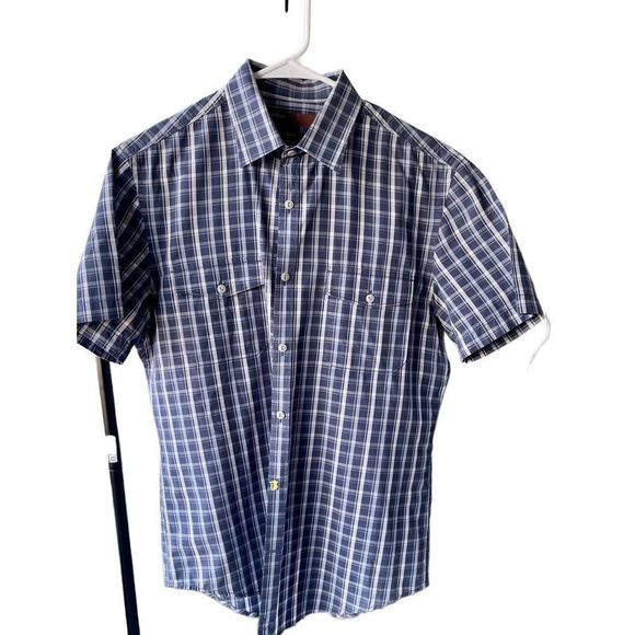 PERRY Ellis shirt, short sleeve , button up ,size medium , slim fit , blue white - Picture 1 of 3